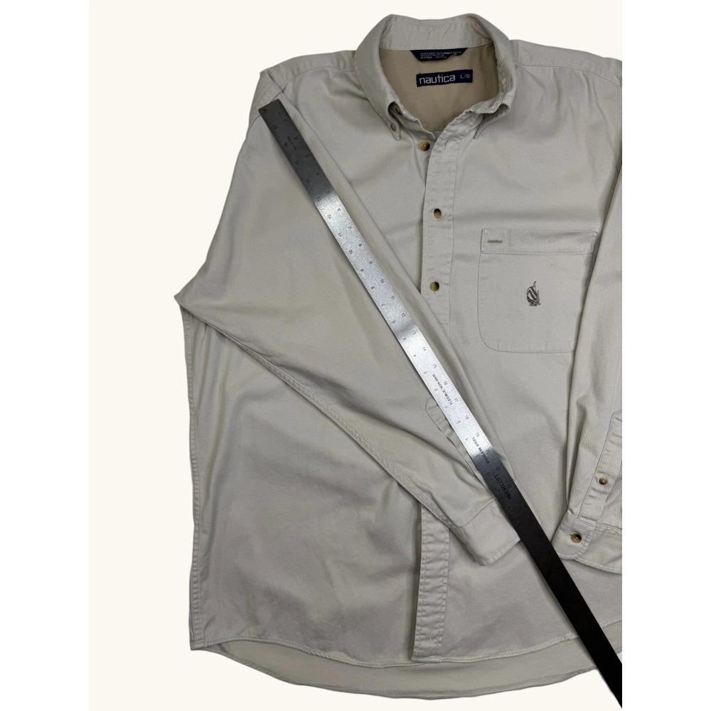 Nautica Mens Large Khaki Tan Cotton Twill Long Sleeve Button Down Shirt Logo L - Picture 7 of 8